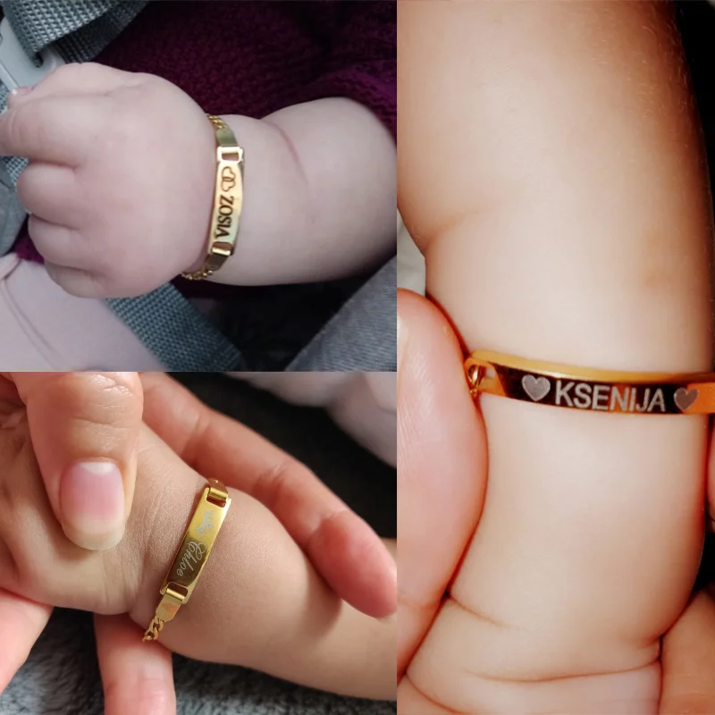 Vnox Customize Baby Name Bracelets for Girls Boys ,Custom Name Birth Date Bangle,Stainless Steel Heart Charm Bracelet Gift