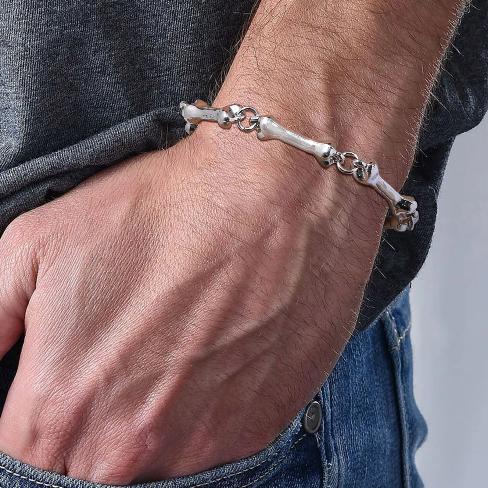 Bone Chain Link Bracelets for Men Boys,22CM Metal Chain Wristband with OT Buckle,New Hiphop Jewelry Anniversary Birthday Gifts - Image 4