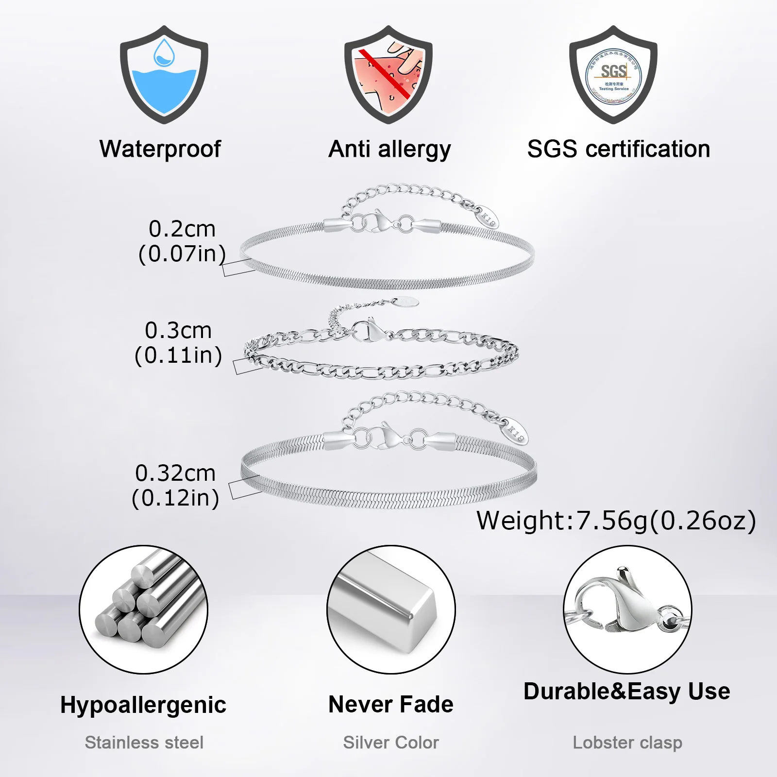 3pcs/set Minimalist Chain Bracelet for Men Boys,Stainless Steel Silver Color Chain Adjustable Wristband,Simple Jewelry Set Gift - Image 4