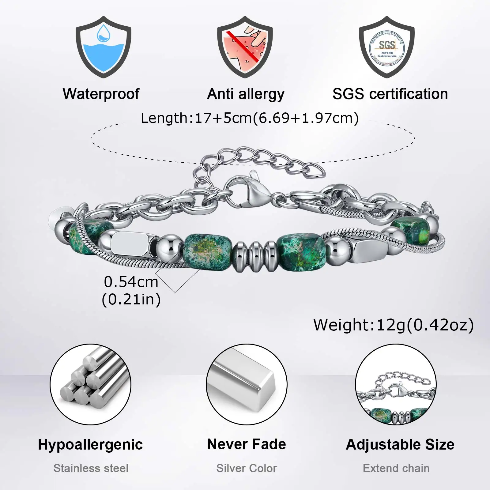 Vnox Green Natural Stone Bracelet for Men Boys, Stainless Steel Chain Beaded 17-22cm Adjustable Wristband, Hip Hop Jewelry Gifts - Image 3