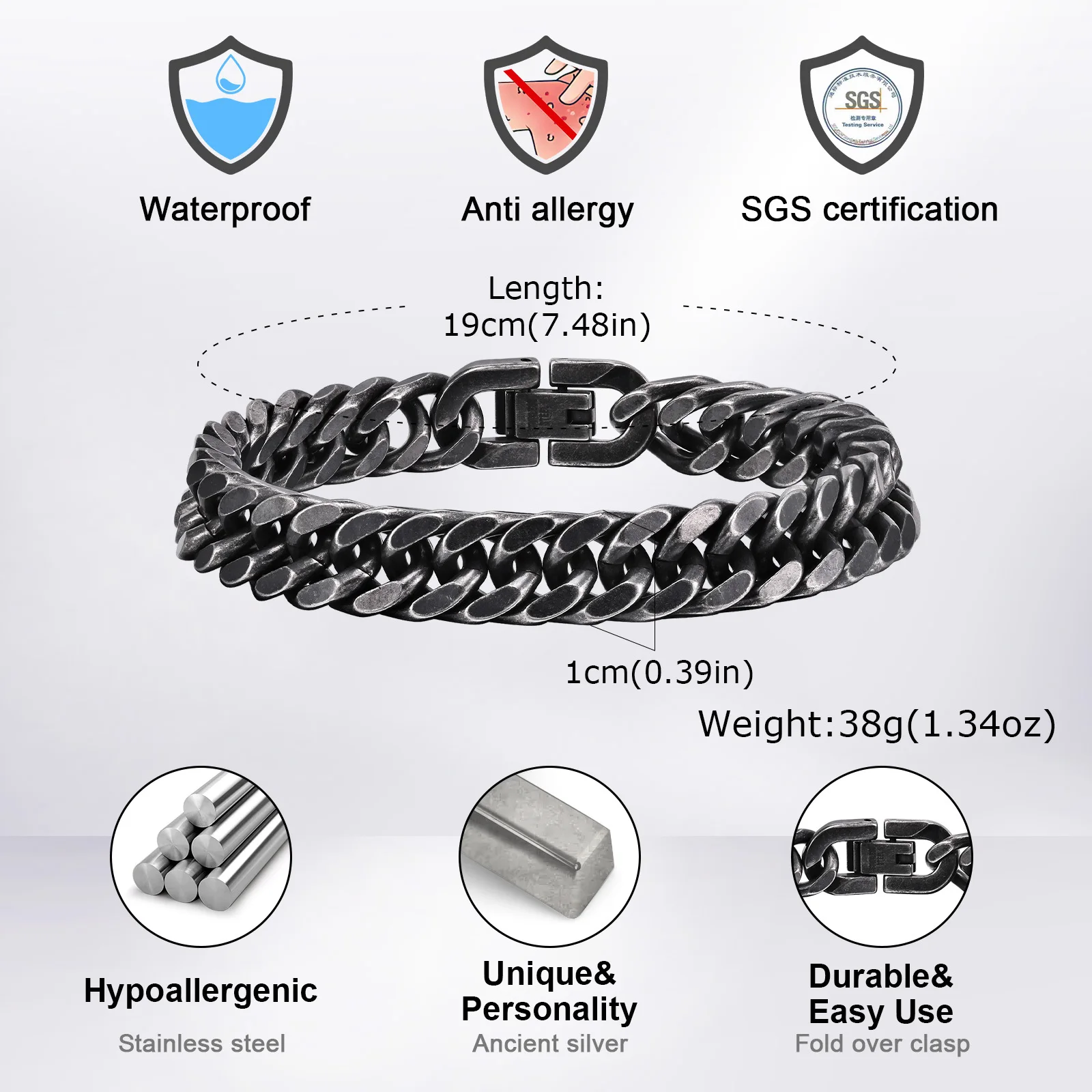 Vnox Thick Heavy Stainless Steel Cuban Chain Bracelets for Men Boys, Oxidized Antique Metal Miami Curb Link Wristband Jewelry - Image 5