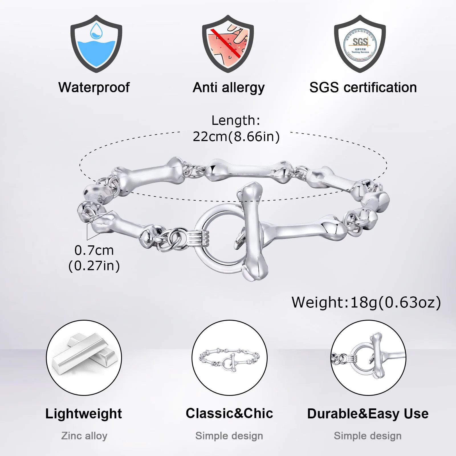 Bone Chain Link Bracelets for Men Boys,22CM Metal Chain Wristband with OT Buckle,New Hiphop Jewelry Anniversary Birthday Gifts - Image 5