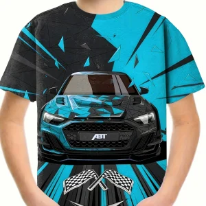 Fashion Racing Car Pattern 3d Print Boys Creative T Shirt Casual Lightweight Short Sleeve Crew Neck Tee Tops Kids Clothes Summer