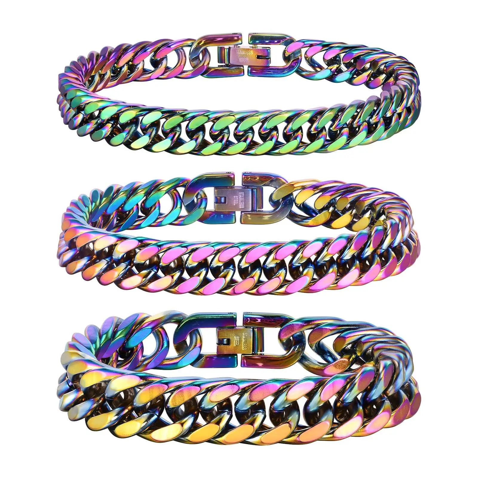 Colorful Cuban Chain Bracelets for Men Boys,Stainless Steel Links Wristband,Classic Hip Hop Jewelry Gifts