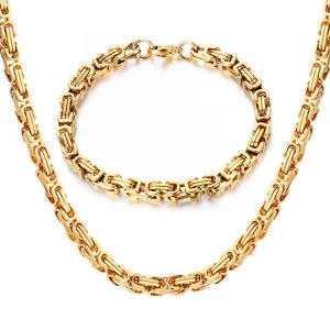 Gold Color Stainless Steel 4mm Byzantine Link Chain Bracelets Necklace For Women Men Fashion Party Wedding Jewelry Sets Gifts
