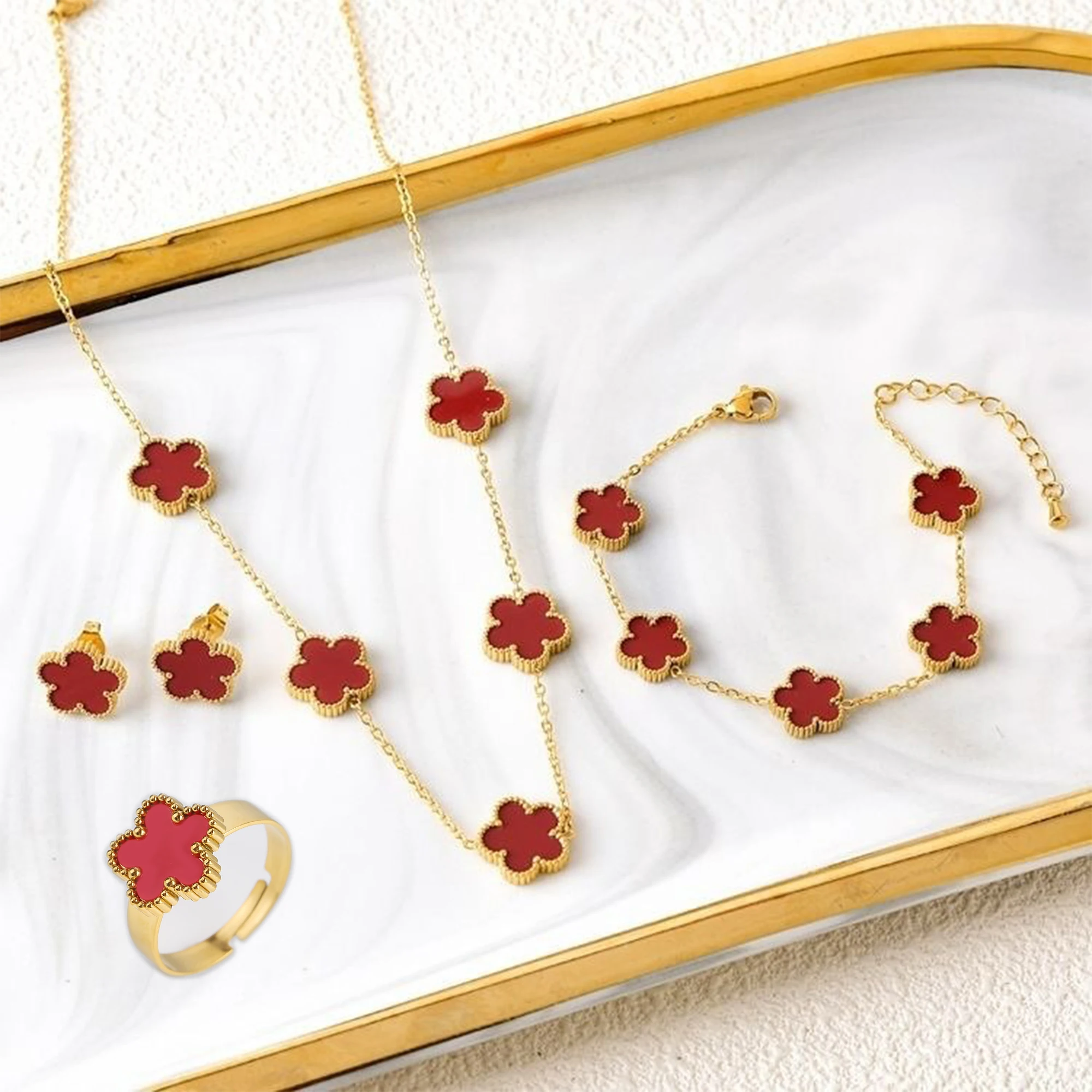 4pcs Bracelet Necklace Earrings Ring Stainless Steel Five Leaf Flower Jewelry Set Classic for Woman New Fashion Jewelry Clover - Image 4