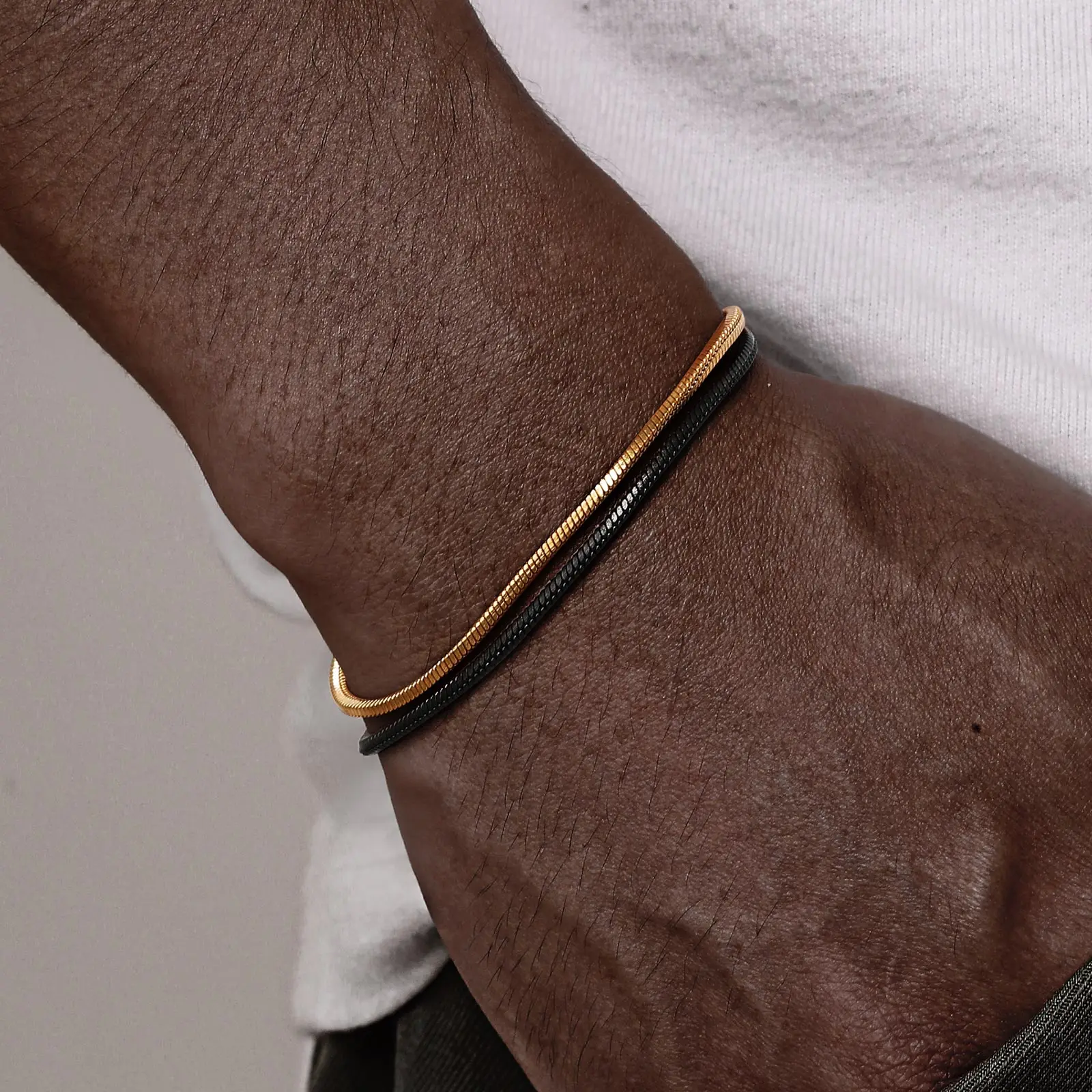 Vnox 2pcs/Set Cuban Figaro Rope Snake Chain Bracelet Set for Men Boys, Gold Black Sliver Color Stainless Steel Wristband Jewelry