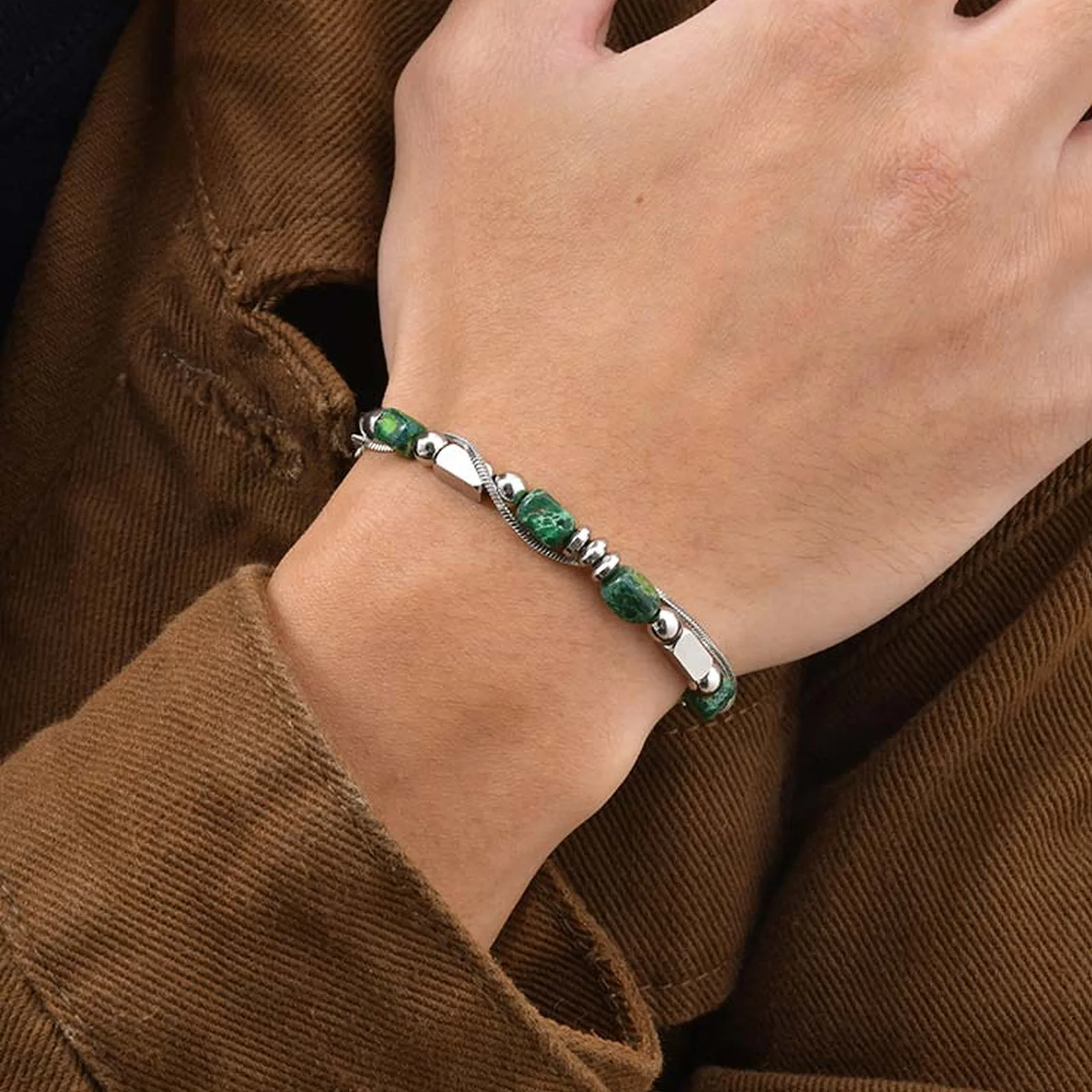 Vnox Green Natural Stone Bracelet for Men Boys, Stainless Steel Chain Beaded 17-22cm Adjustable Wristband, Hip Hop Jewelry Gifts - Image 2