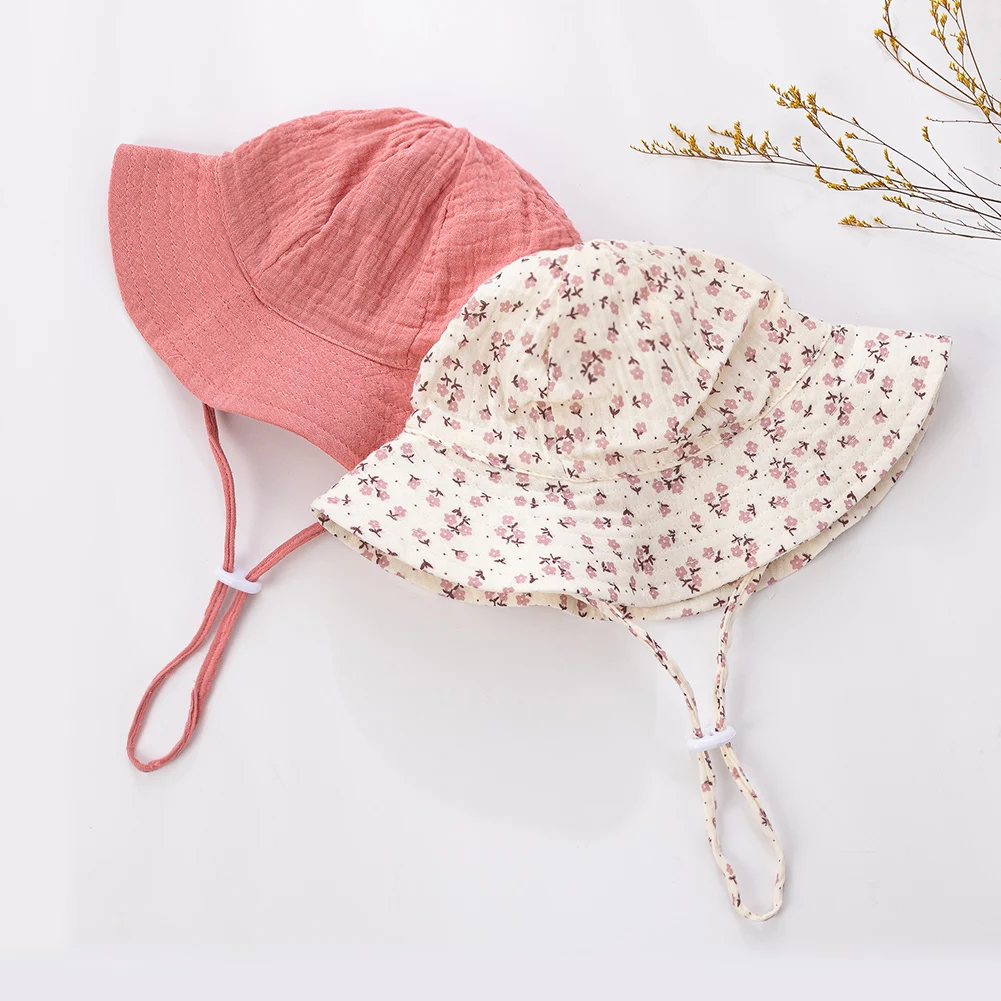 Floral Print Baby Bucket Hats Adjustable Solid Caps for Infant Boys Girls Sunscreen Outdoor Beanies Beach Fishing Headwraps - Image 5
