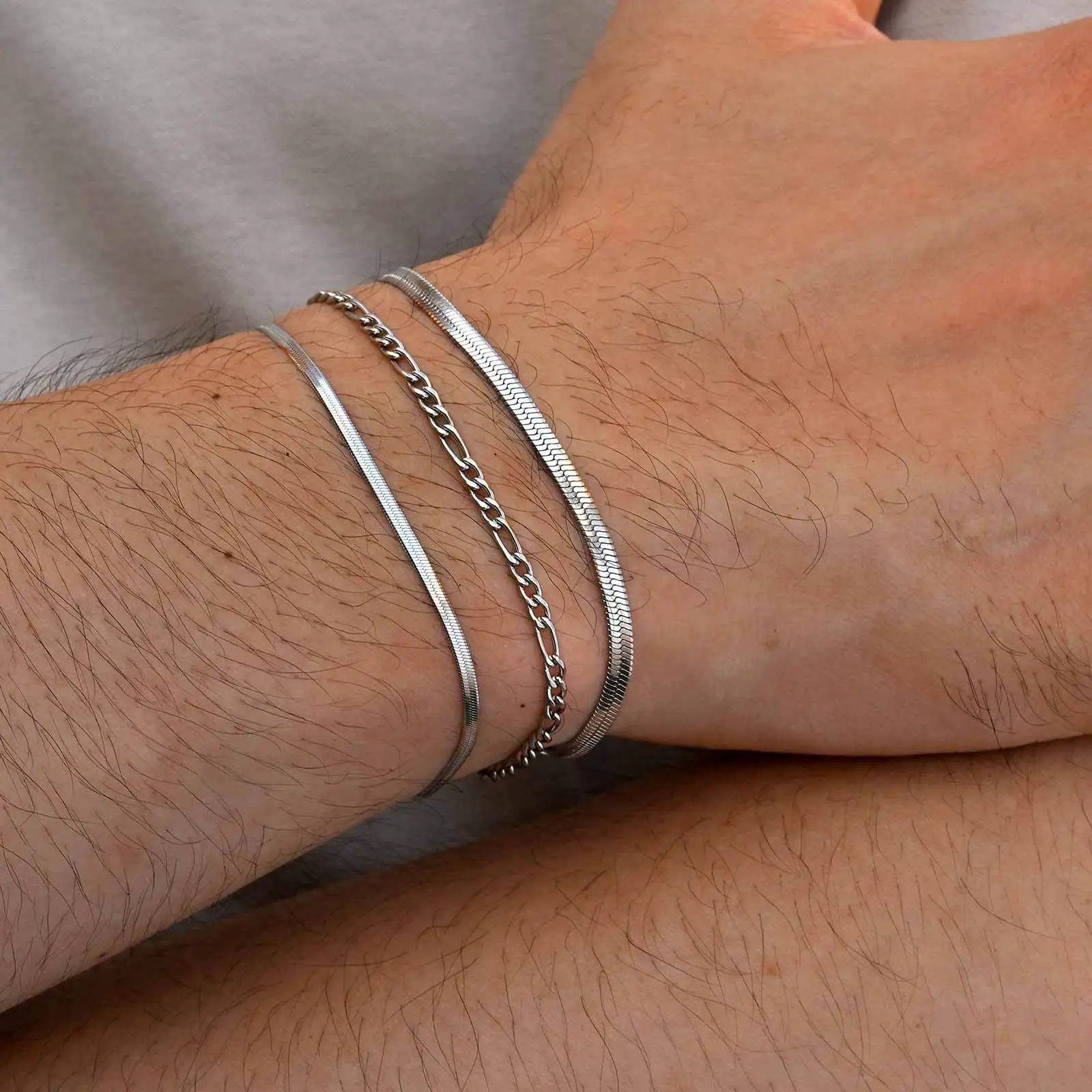 3pcs/set Minimalist Chain Bracelet for Men Boys,Stainless Steel Silver Color Chain Adjustable Wristband,Simple Jewelry Set Gift - Image 2