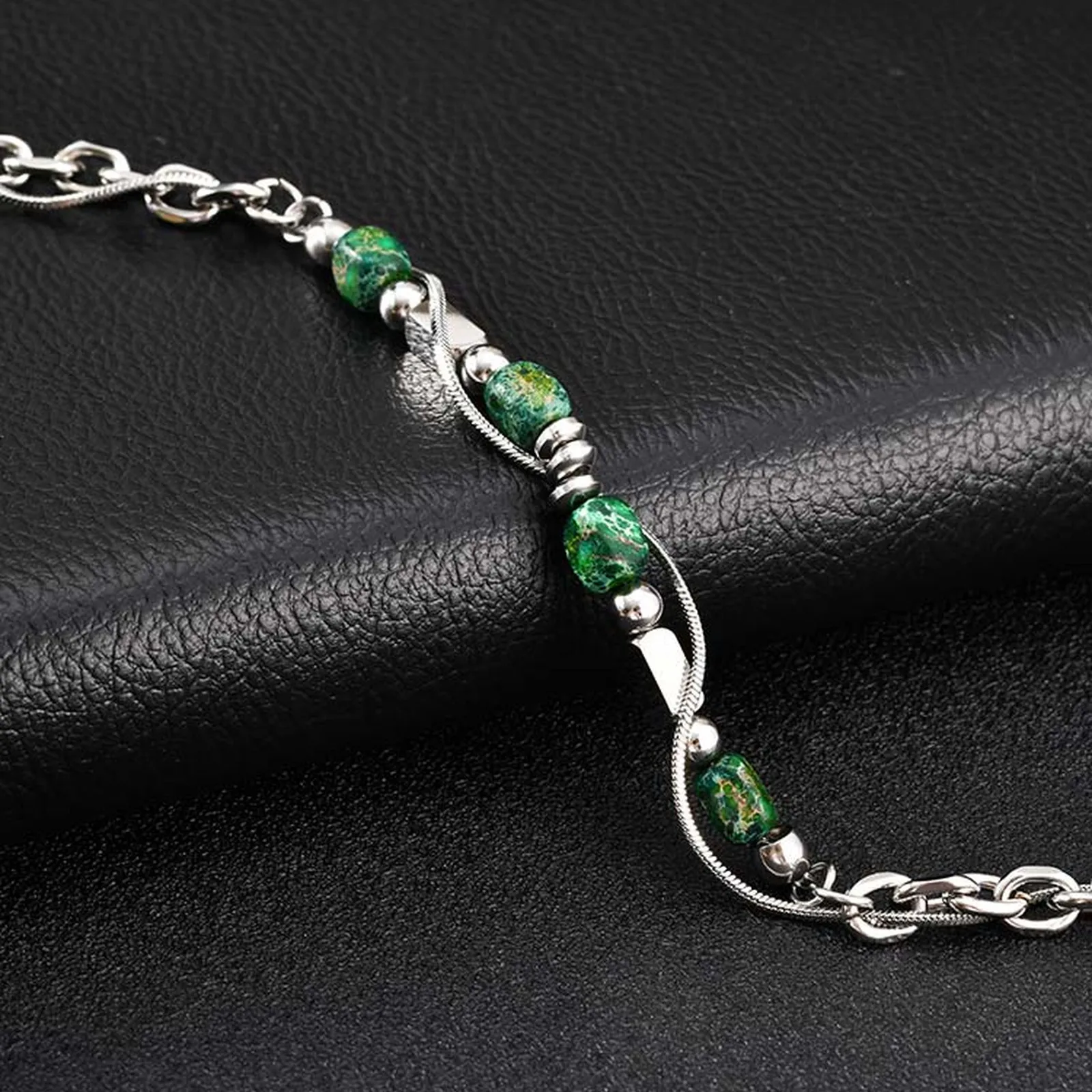 Vnox Green Natural Stone Bracelet for Men Boys, Stainless Steel Chain Beaded 17-22cm Adjustable Wristband, Hip Hop Jewelry Gifts - Image 5