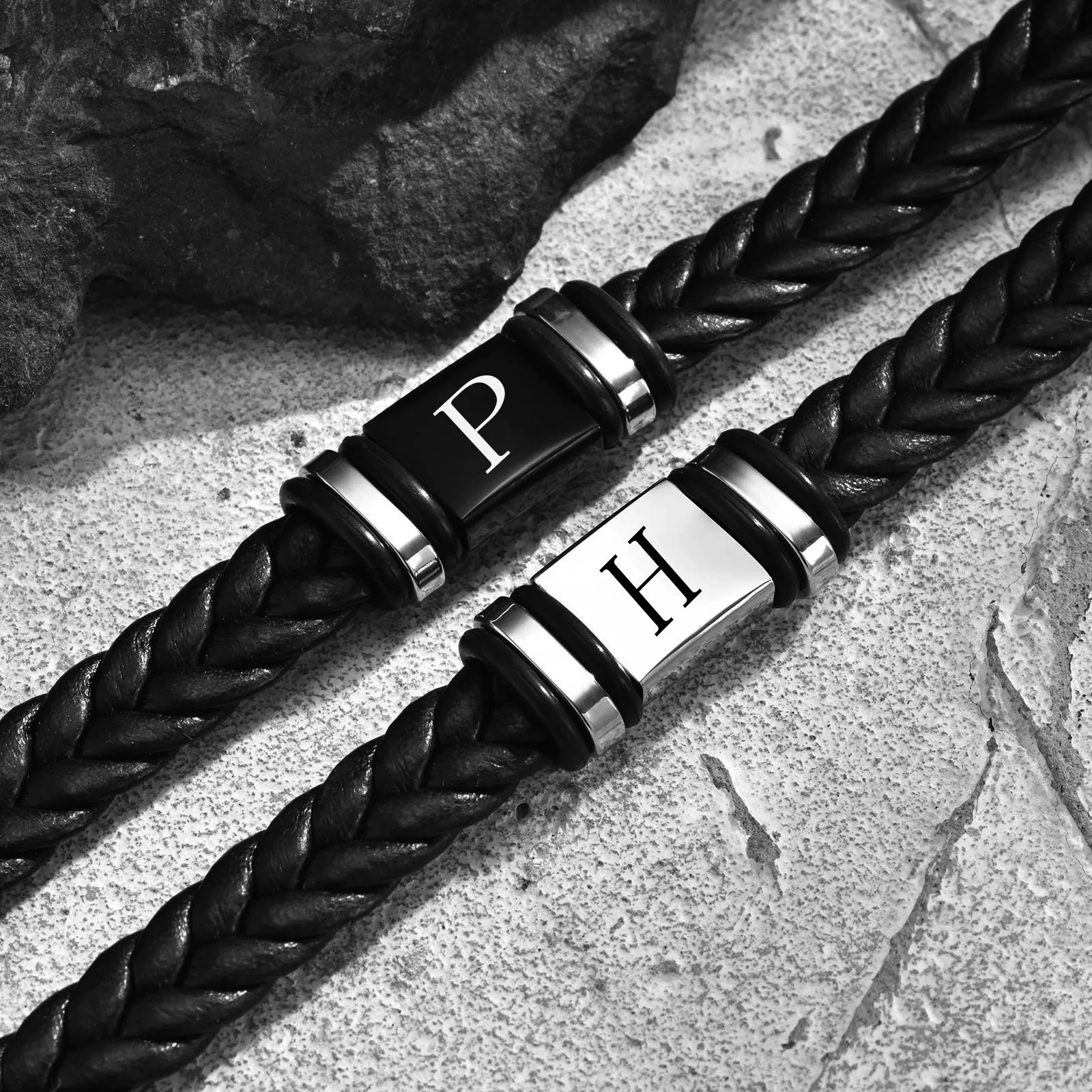 Initials Leather Bracelet for Men Boys,Stainless Steel A-Z 26 Letter Charm Woven Wristband,Casual Jewelry Gift to Father Husband - Image 2