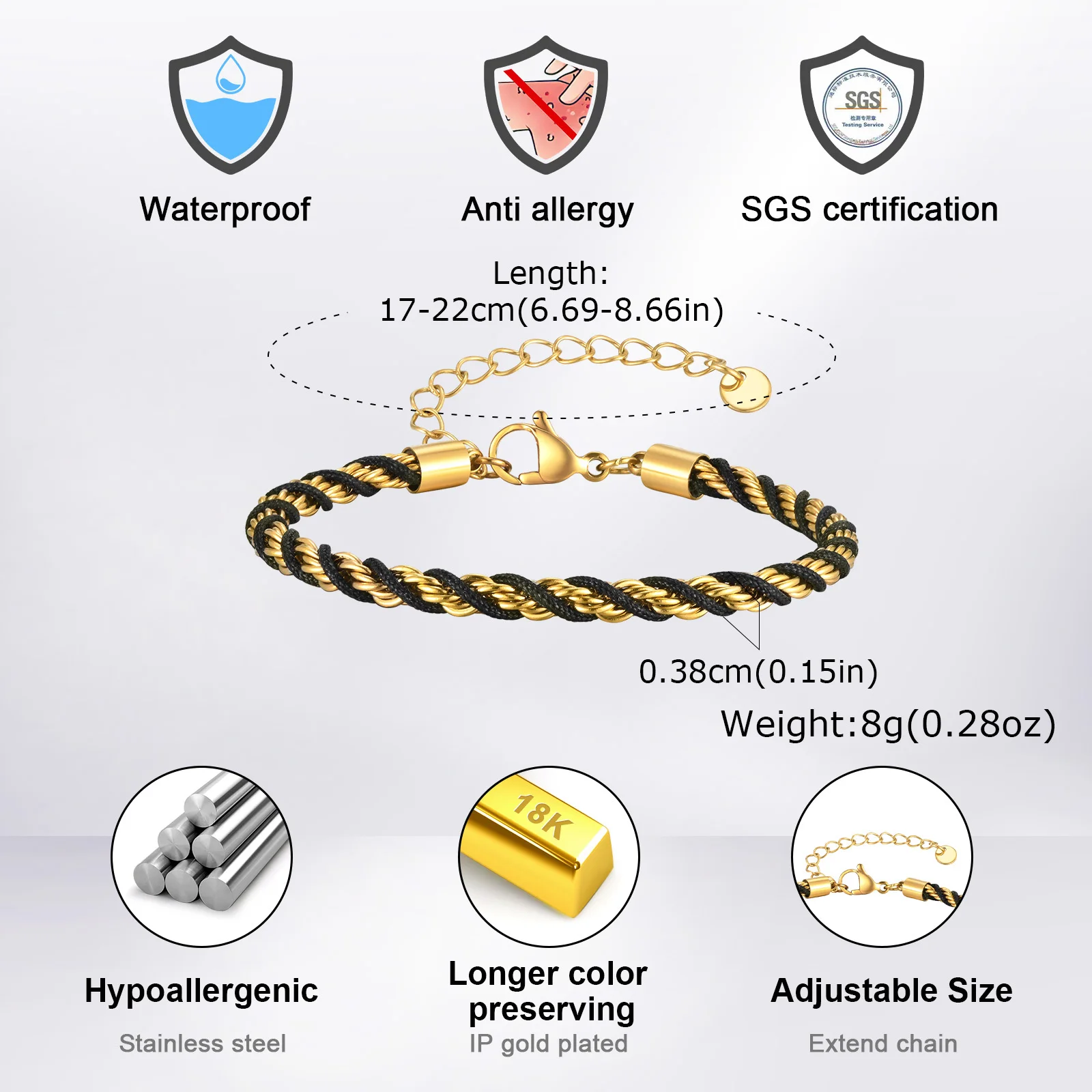 Two Tone Chain Bracelets for Men Boys,Adjustable Stainless Steel Twisted Rope Links Wristband,Stylish Jewelry Gifts - Image 5