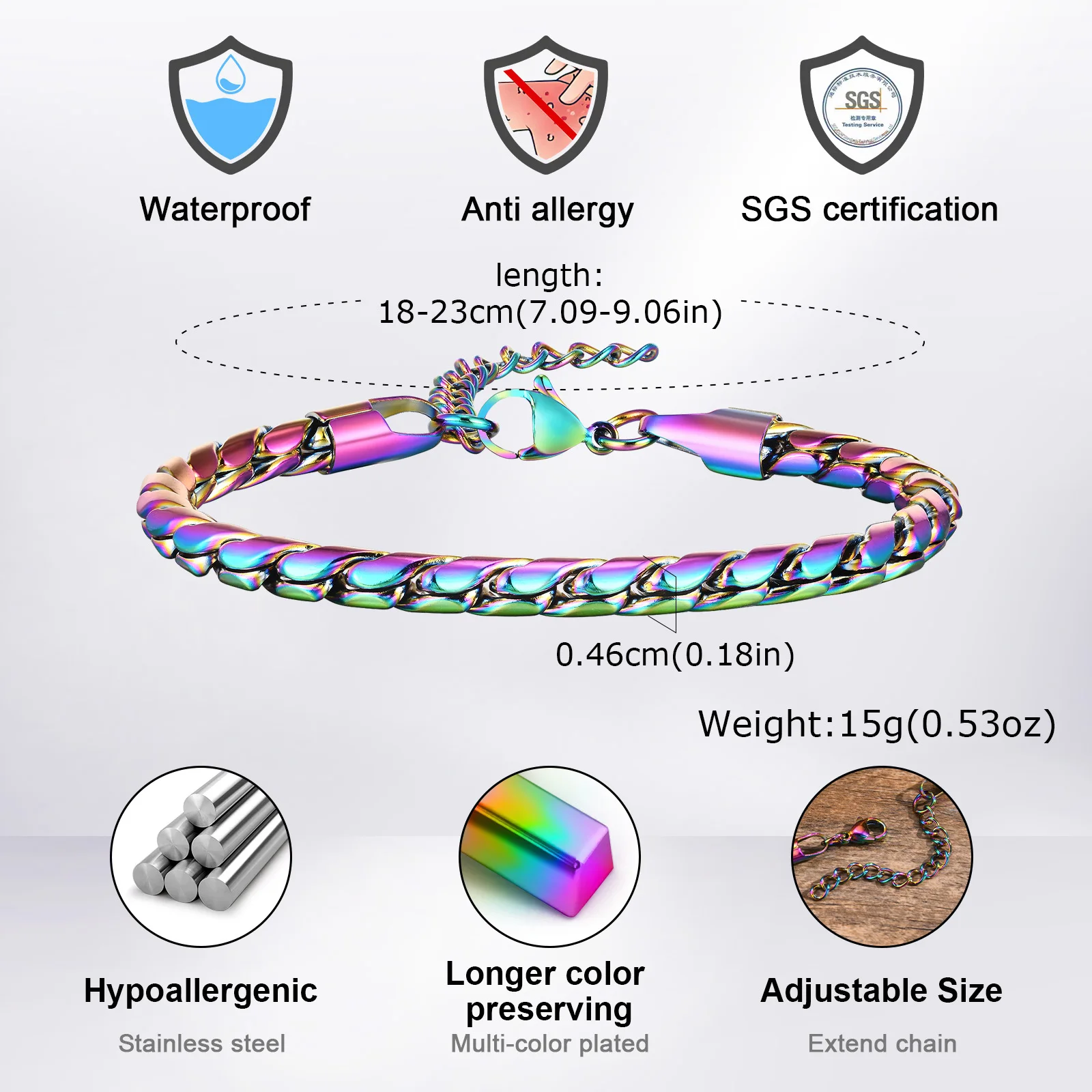 Vnox Colored Stainless Steel Handmade Snake Chain Bracelets for Men Boys,Adjustable Simple Metal Link Wristband, Hippie Jewelry - Image 5