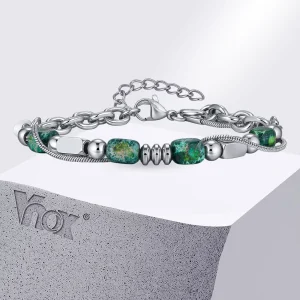 Vnox Green Natural Stone Bracelet for Men Boys, Stainless Steel Chain Beaded 17-22cm Adjustable Wristband, Hip Hop Jewelry Gifts