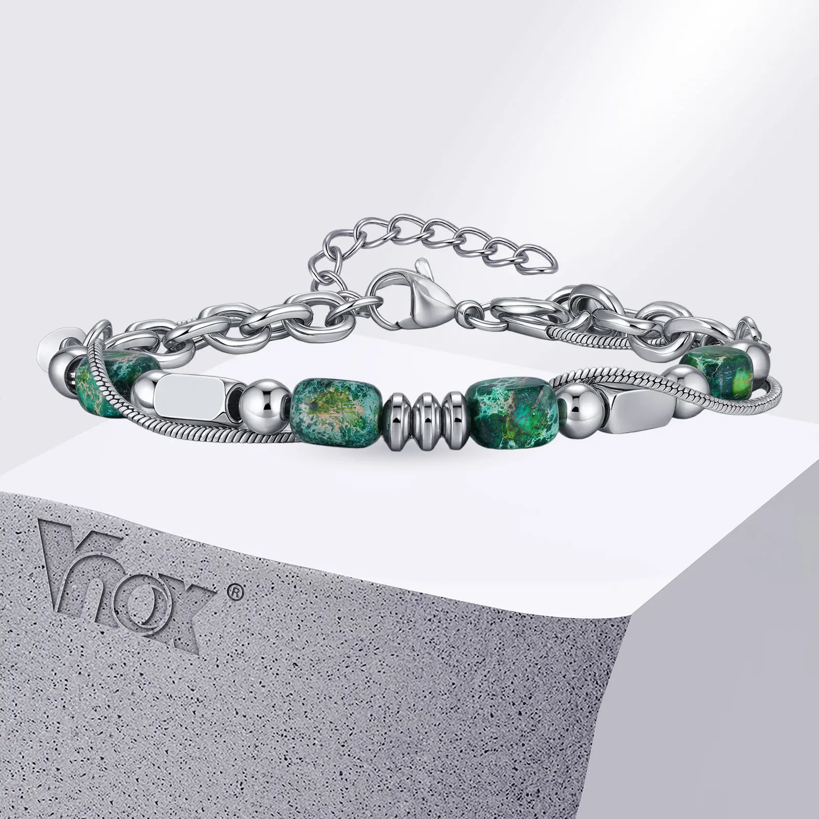 Vnox Green Natural Stone Bracelet for Men Boys, Stainless Steel Chain Beaded 17-22cm Adjustable Wristband, Hip Hop Jewelry Gifts