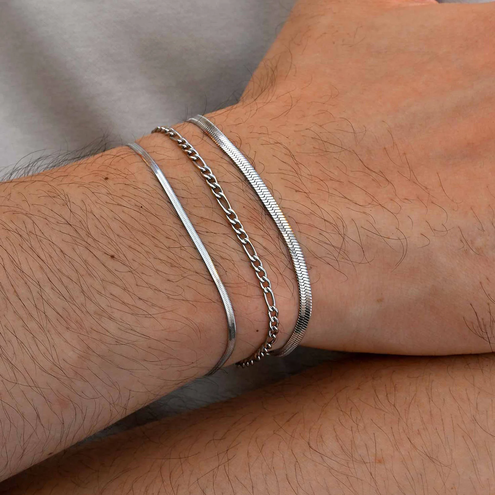 3pcs/set Minimalist Chain Bracelet for Men Boys,Stainless Steel Silver Color Chain Adjustable Wristband,Simple Jewelry Set Gift - Image 3