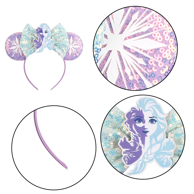 NEW Frozen Snowflake Mouse Ears Headband Girls Boys Sequin 5"Bow Hairband Christmas Festival Party Cosplay Hair Accessories - Image 4