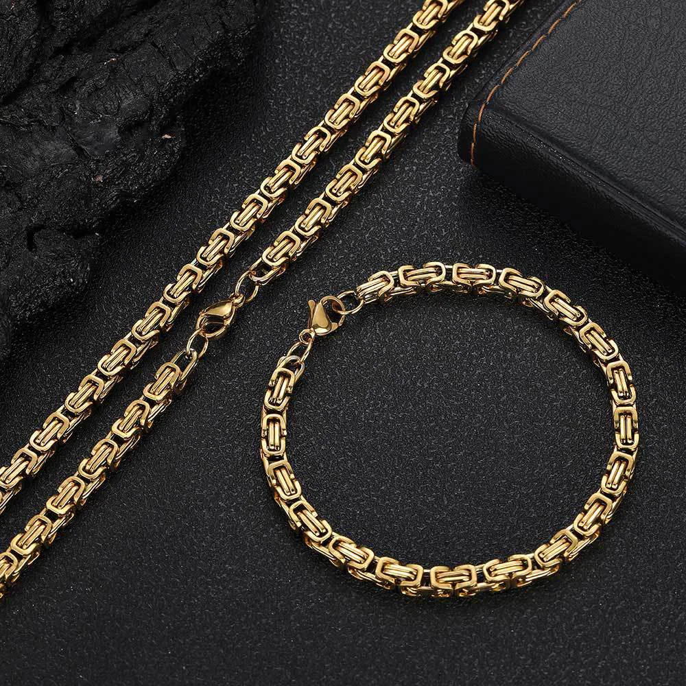Gold Color Stainless Steel 4mm Byzantine Link Chain Bracelets Necklace For Women Men Fashion Party Wedding Jewelry Sets Gifts - Image 6