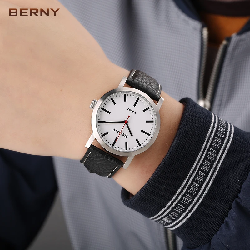 BERNY Men Trackway Watch Quartz Clock Male Leather Strap Fashion Trackroad Wristwatch Waterproof mens watches top brand luxury - Image 5