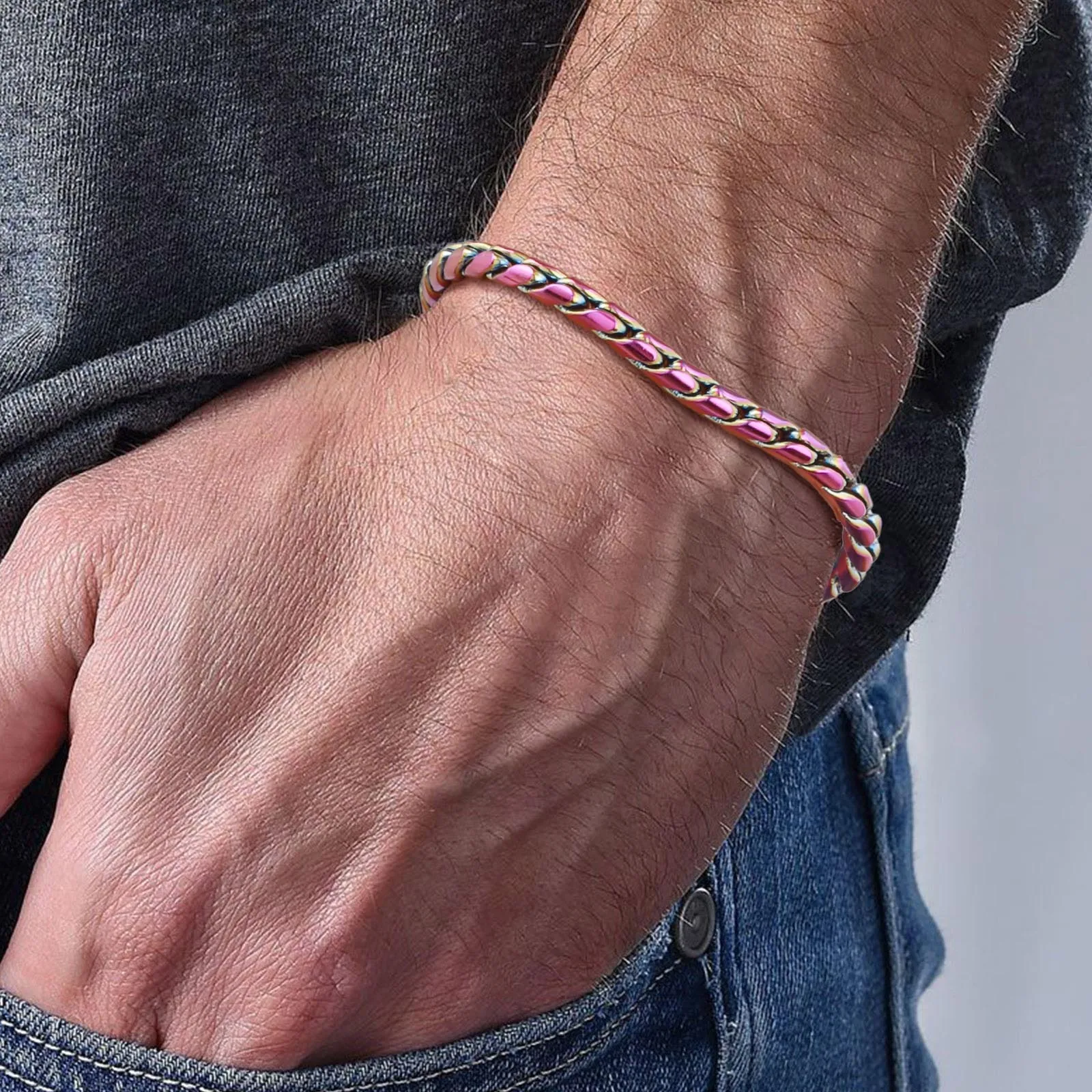 Vnox Colored Stainless Steel Handmade Snake Chain Bracelets for Men Boys,Adjustable Simple Metal Link Wristband, Hippie Jewelry - Image 2