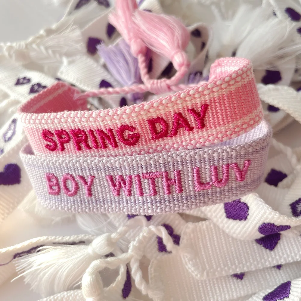 Woven Concert Bracelets with Purple Hearts, Lettering SPRING DAY, BOY WITH LUV. Jewelry Gift for You and your loved ones - Image 2