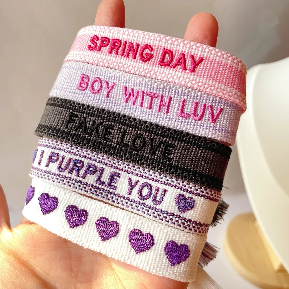 Woven Concert Bracelets with Purple Hearts, Lettering SPRING DAY, BOY WITH LUV. Jewelry Gift for You and your loved ones - Image 3