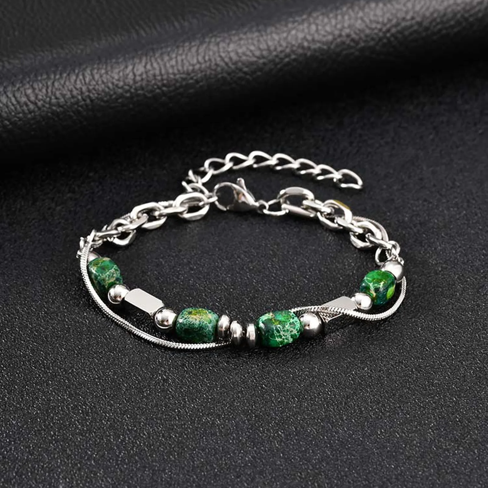 Vnox Green Natural Stone Bracelet for Men Boys, Stainless Steel Chain Beaded 17-22cm Adjustable Wristband, Hip Hop Jewelry Gifts - Image 4