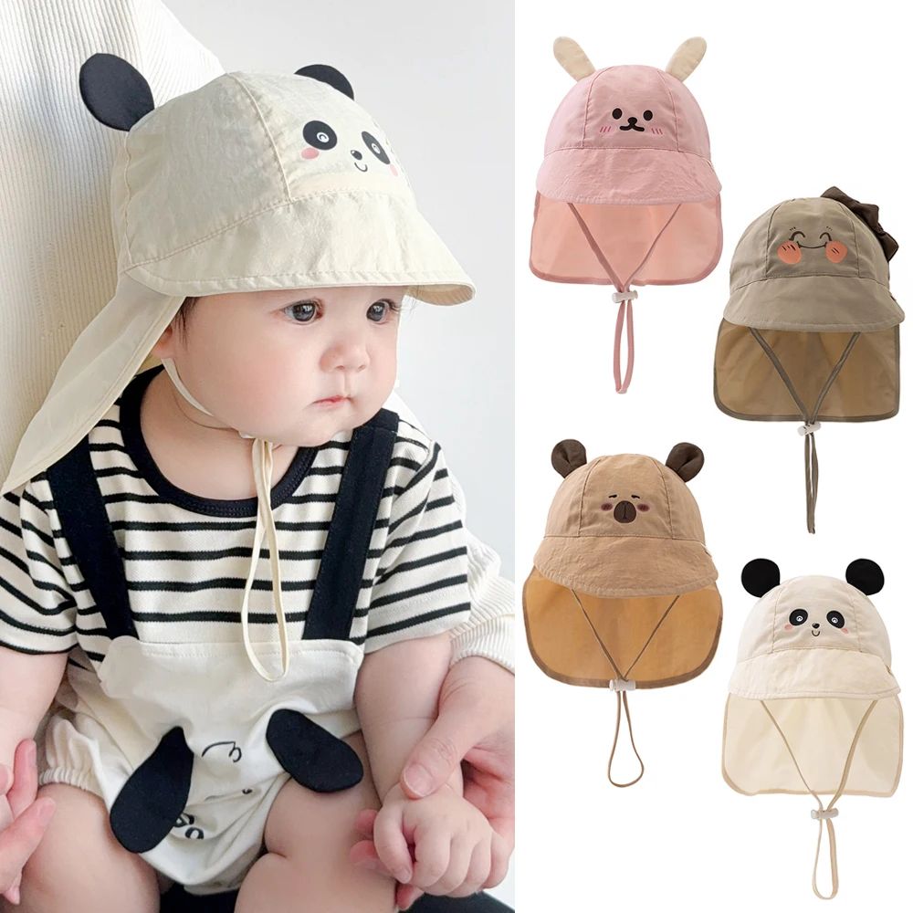Cute Baby Summer Hat with Shawl Cartoon Kids Sun Hats for Girls Boys Neck Protection Baby Baseball Cap Children Panama Hat 3-12M