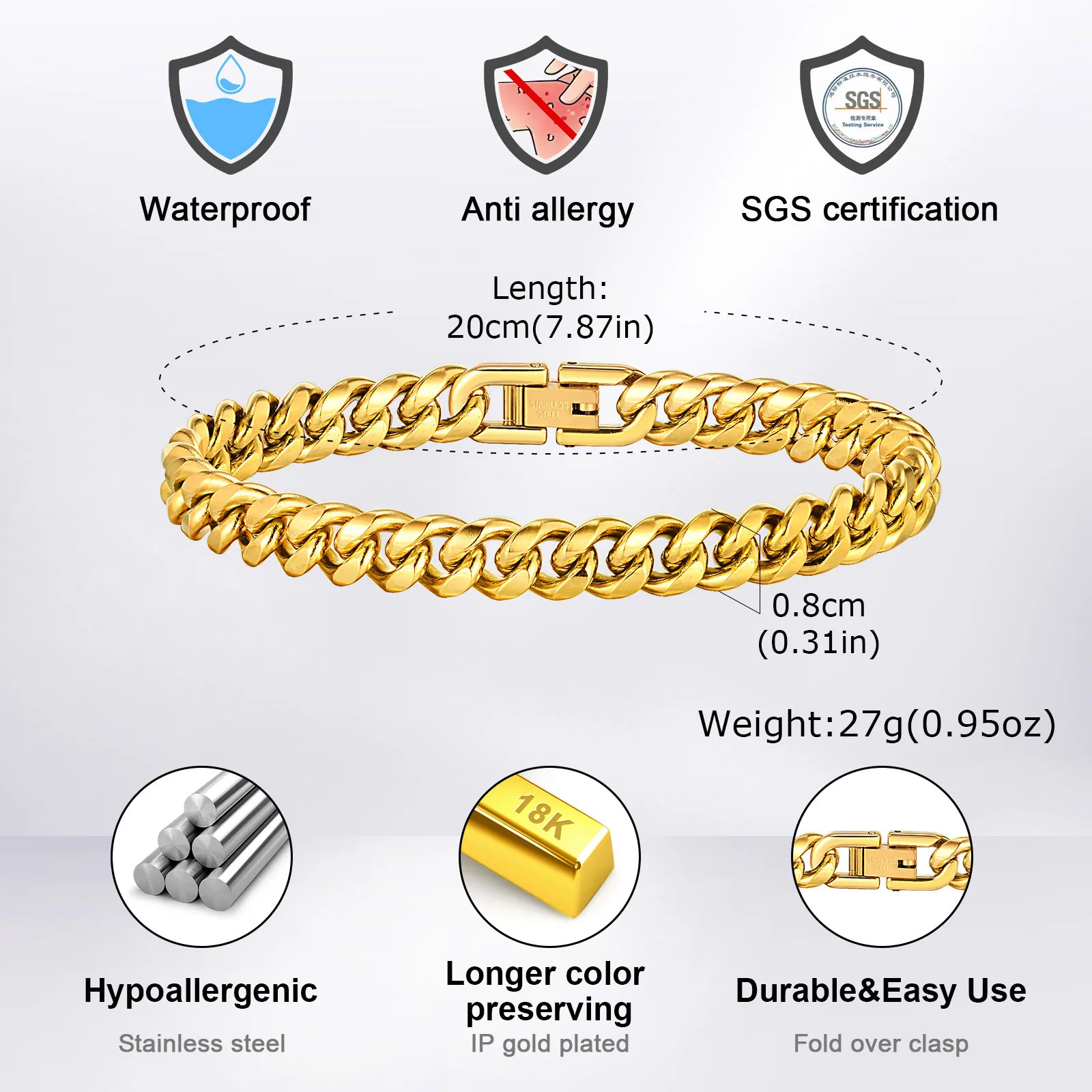 Basic Cuban Chain Bracelets for Men Boys,6/8/10/12MM Stainless Steel Miami Curb Link Chain Wristband,Casual Punk Jewelry Gifts - Image 5