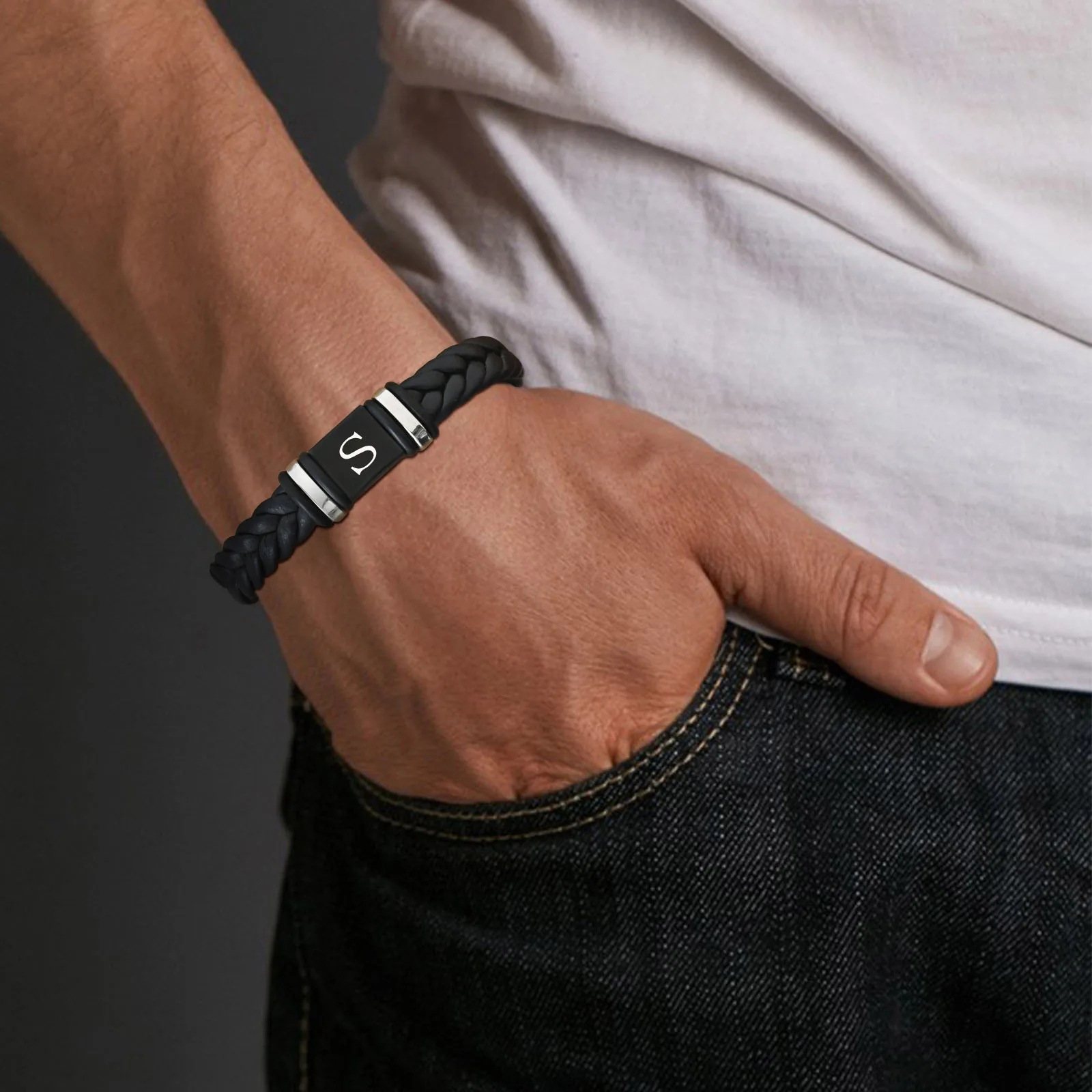 Initials Leather Bracelet for Men Boys,Stainless Steel A-Z 26 Letter Charm Woven Wristband,Casual Jewelry Gift to Father Husband - Image 3