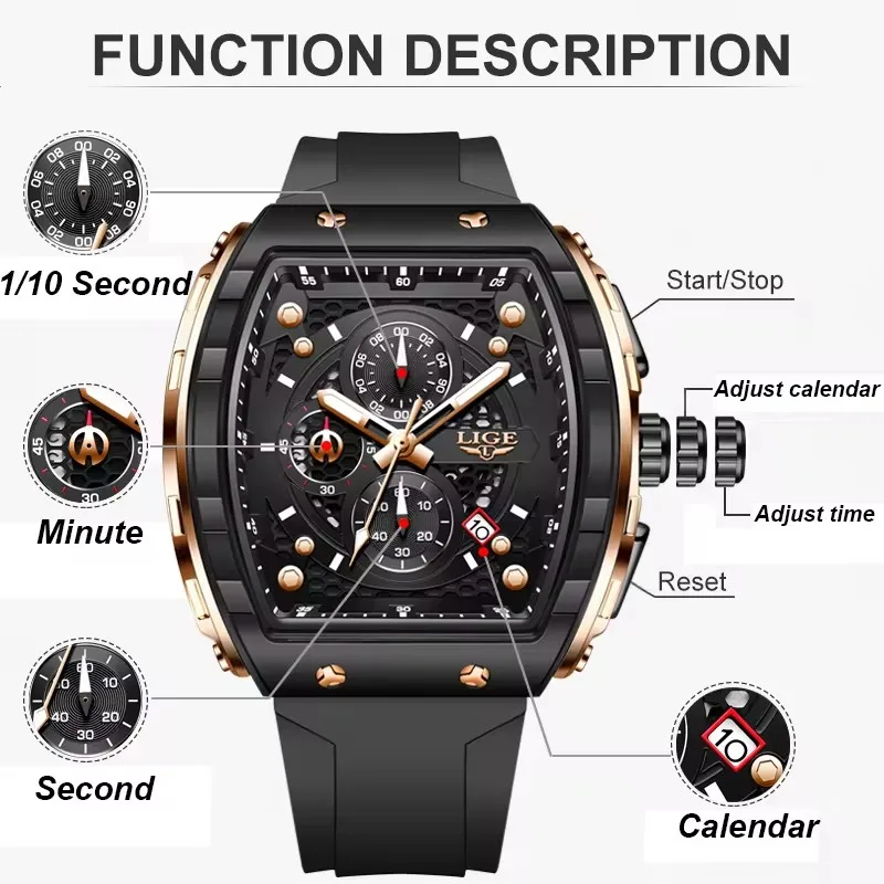 LIGE Man Watch Fashion Luxury Waterproof Silicone Strap Quartz Men's Watches Luminous Sports Auto Date Chronograph Simple Clocks - Image 5