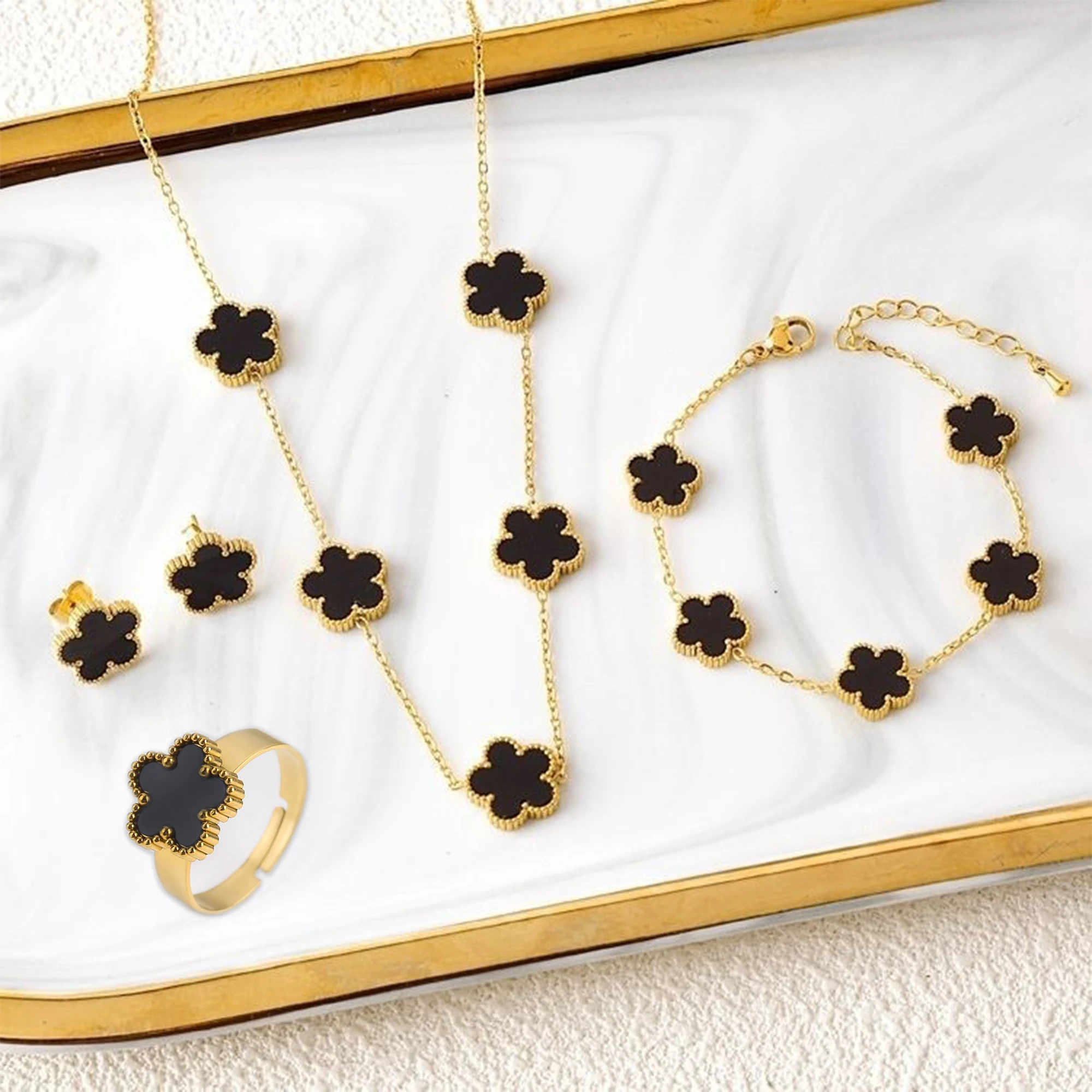 4pcs Bracelet Necklace Earrings Ring Stainless Steel Five Leaf Flower Jewelry Set Classic for Woman New Fashion Jewelry Clover - Image 2