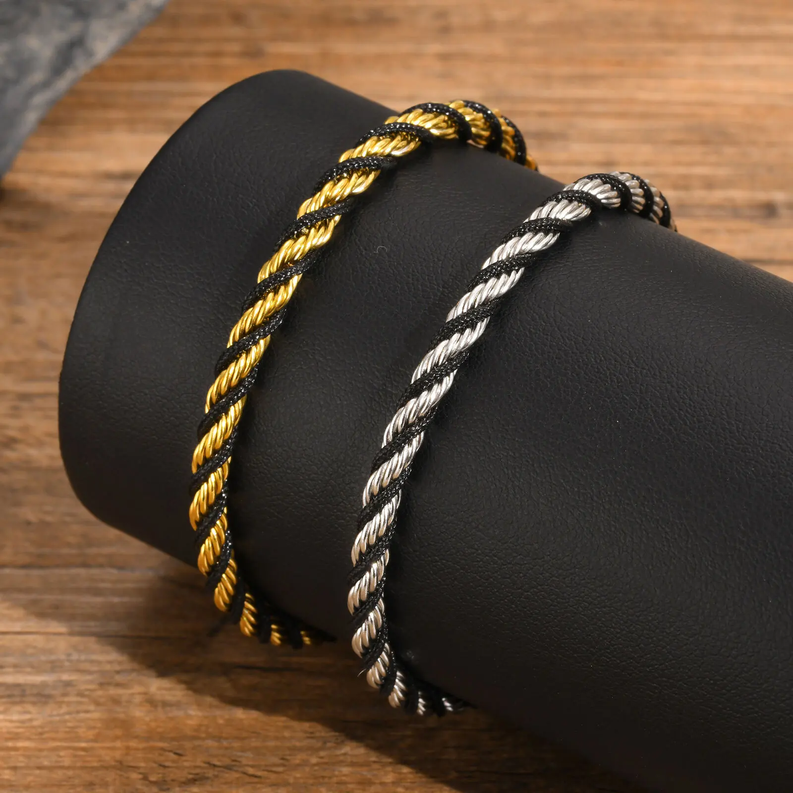 Two Tone Chain Bracelets for Men Boys,Adjustable Stainless Steel Twisted Rope Links Wristband,Stylish Jewelry Gifts - Image 3