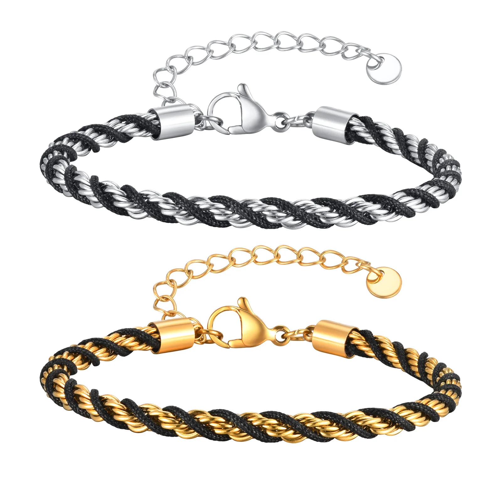 Two Tone Chain Bracelets for Men Boys,Adjustable Stainless Steel Twisted Rope Links Wristband,Stylish Jewelry Gifts
