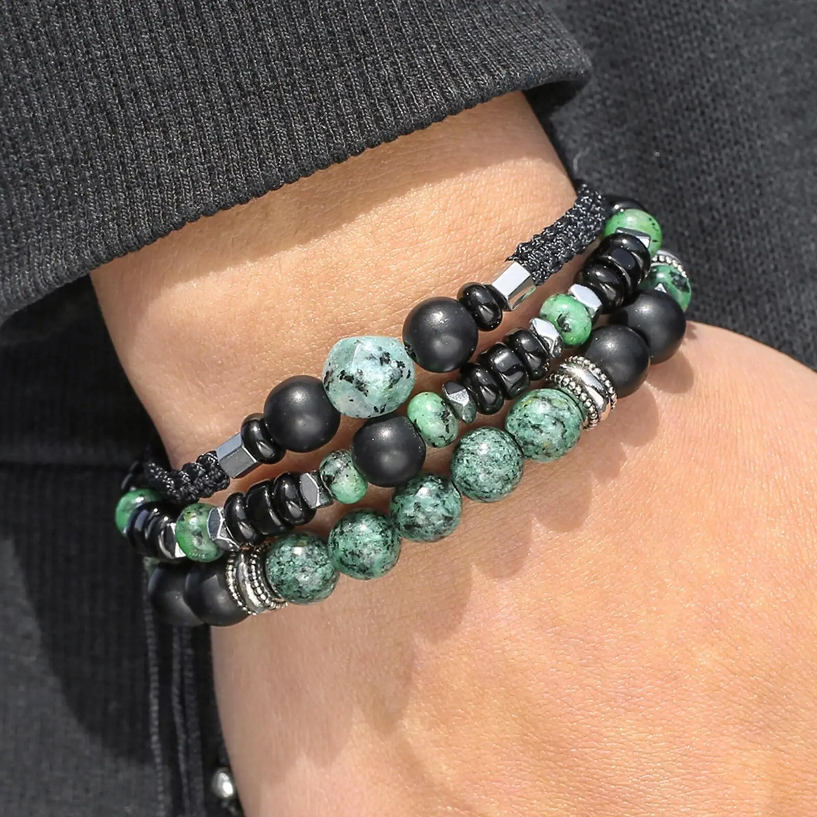 Ethnic Bead Bracelet for Men Boys,Layered African Pine Bead Wristband,Punk Jewelry Gift - Image 2
