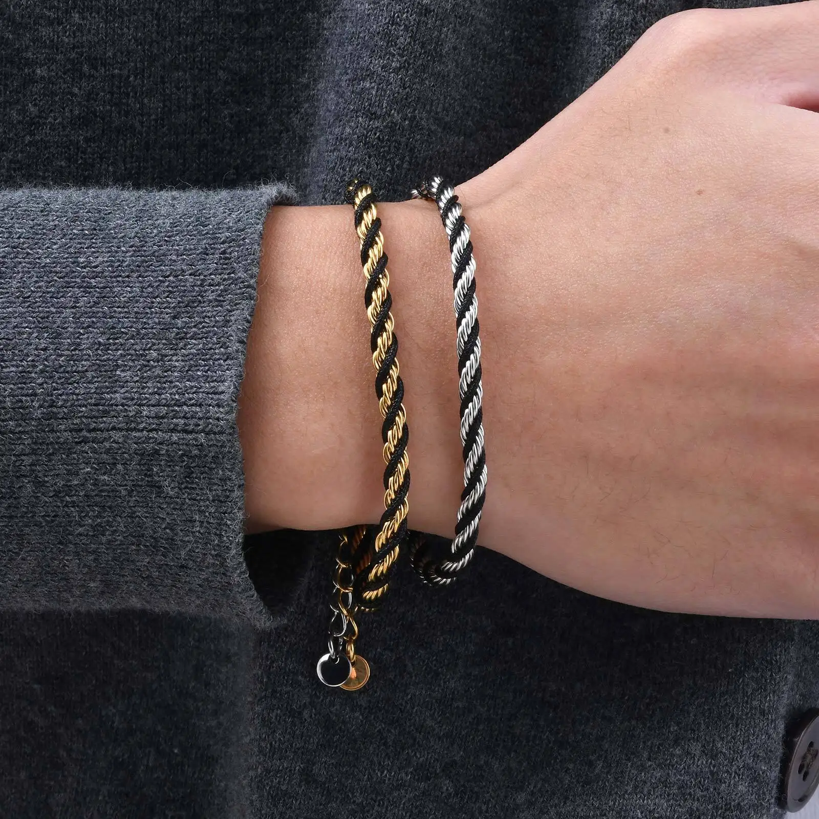 Two Tone Chain Bracelets for Men Boys,Adjustable Stainless Steel Twisted Rope Links Wristband,Stylish Jewelry Gifts - Image 2
