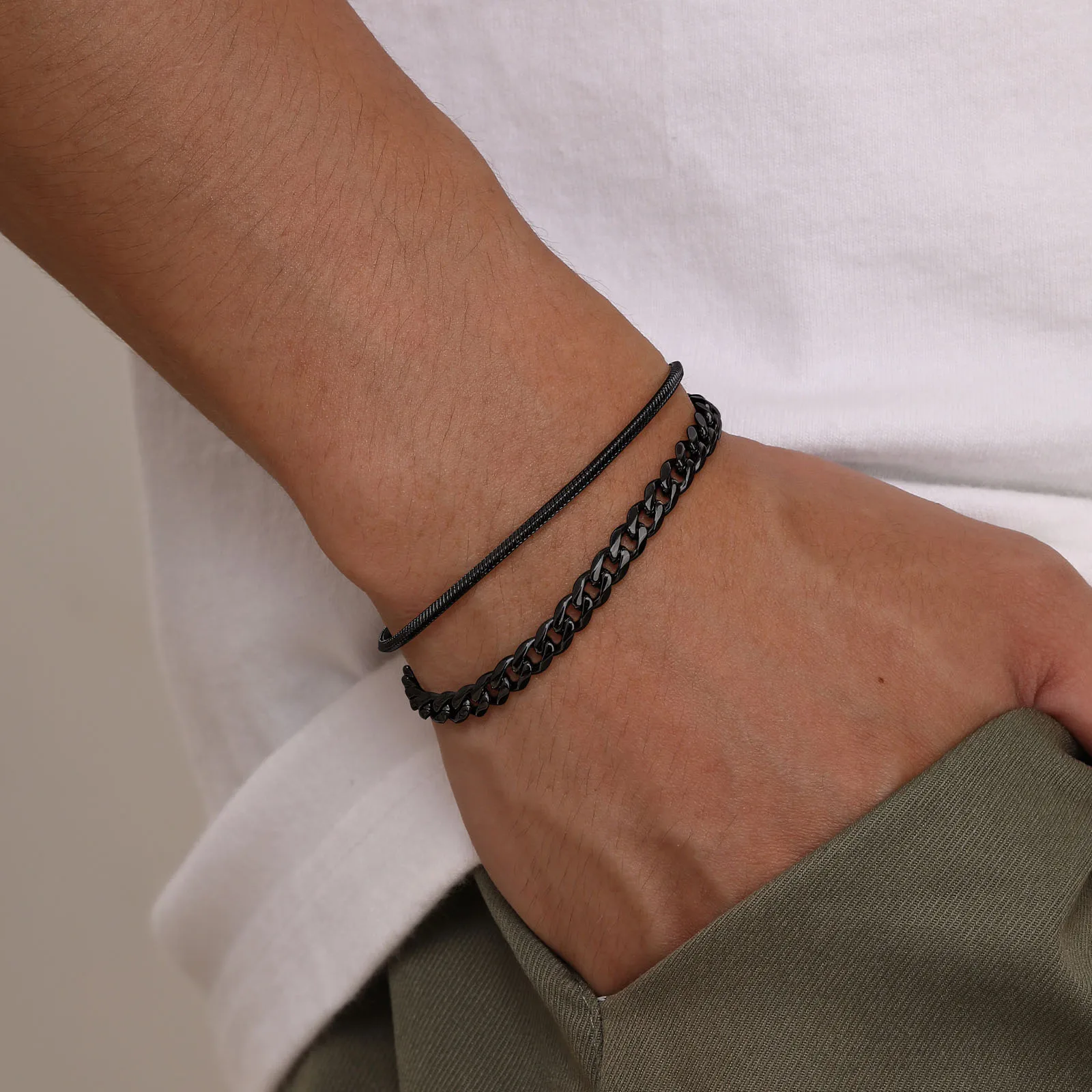 Vnox 2pcs/Set Cuban Figaro Rope Snake Chain Bracelet Set for Men Boys, Gold Black Sliver Color Stainless Steel Wristband Jewelry - Image 2