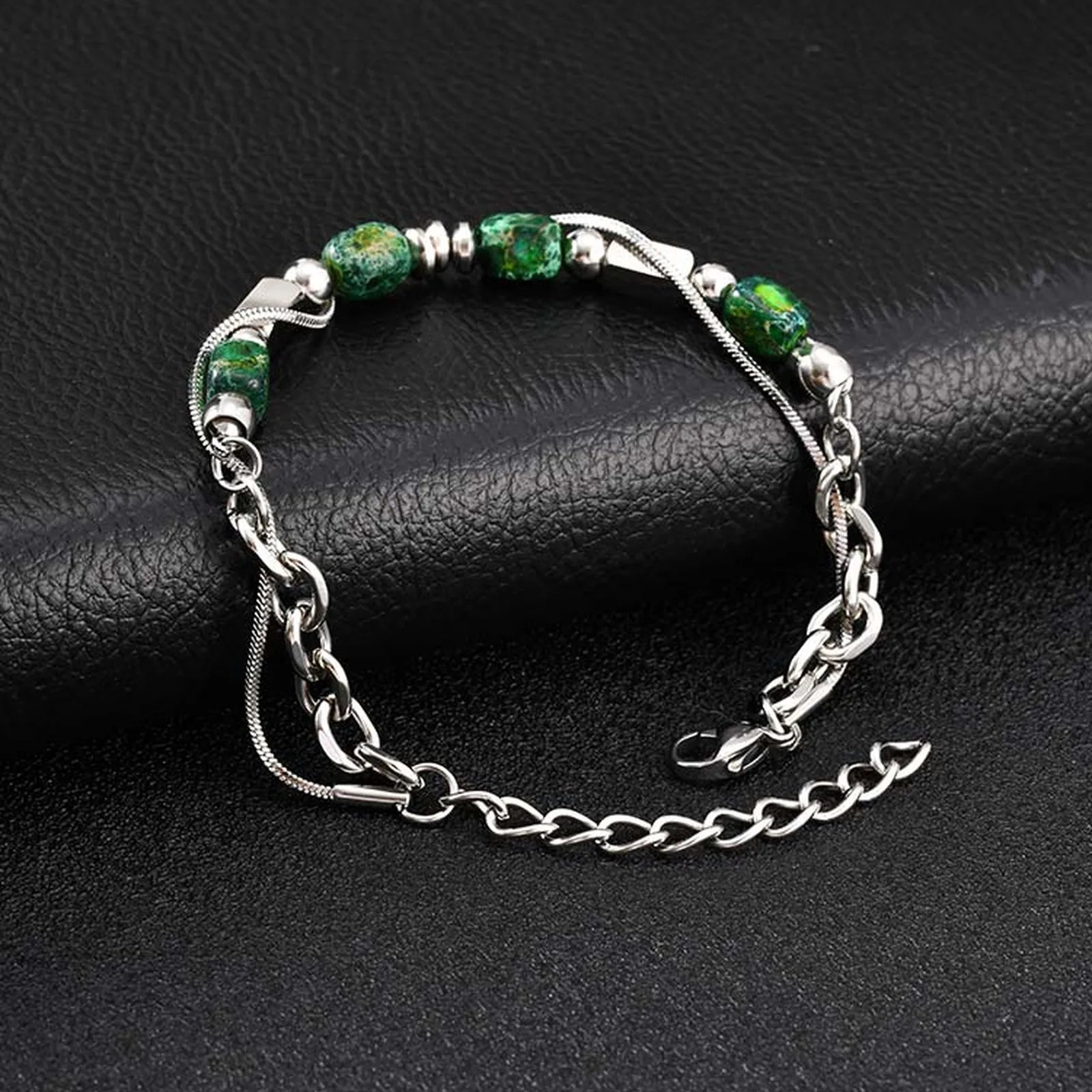 Vnox Green Natural Stone Bracelet for Men Boys, Stainless Steel Chain Beaded 17-22cm Adjustable Wristband, Hip Hop Jewelry Gifts - Image 6