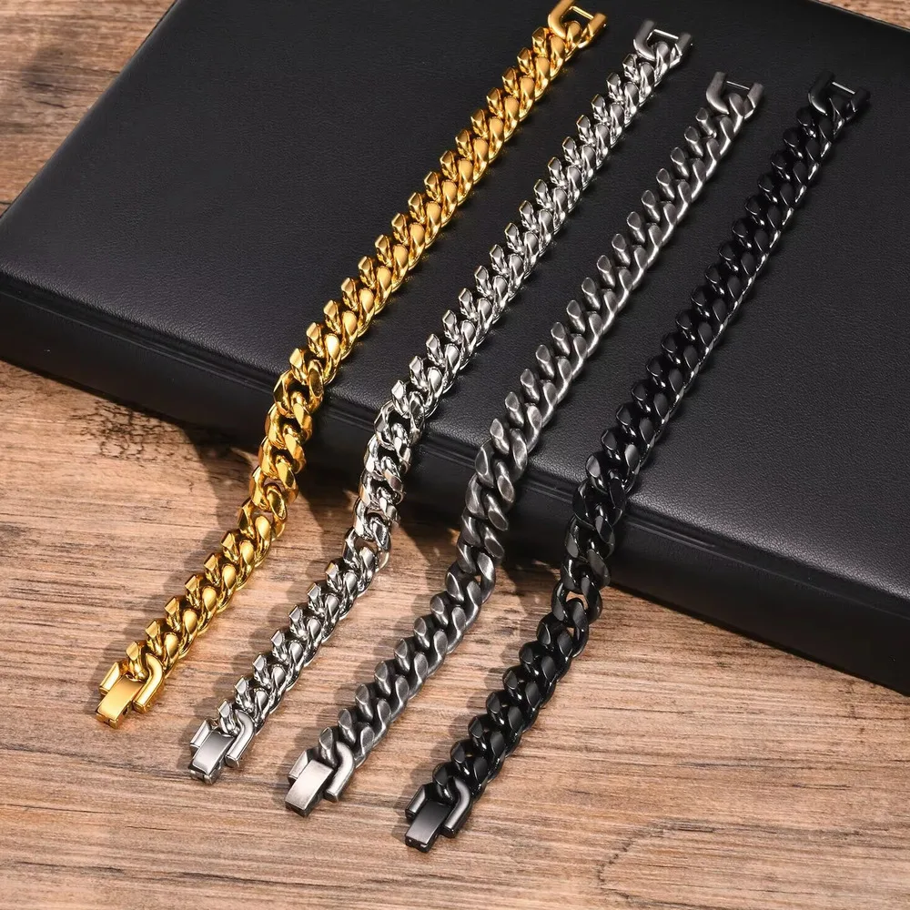 Basic Cuban Chain Bracelets for Men Boys,6/8/10/12MM Stainless Steel Miami Curb Link Chain Wristband,Casual Punk Jewelry Gifts